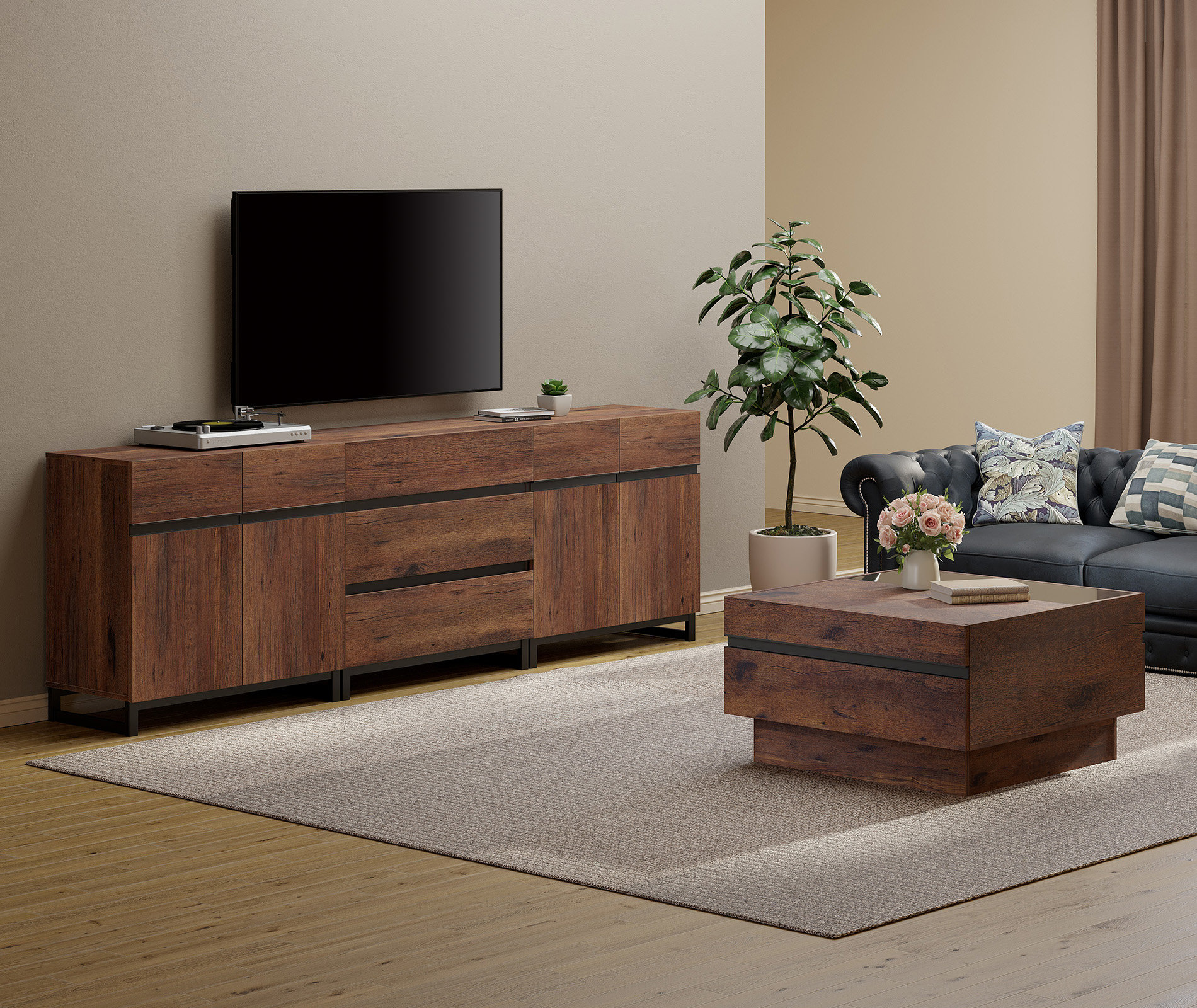 17 Stories Modern TV Stand And Coffee Table Set Of 2 TV Stand For Tvs Up To 110 Inches Entertainment Center Square Coffee Table With Tempered Glass